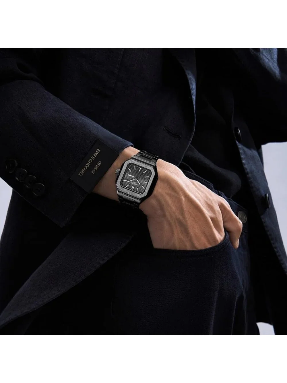 Men's Black Square Analog Quartz Stainless Steel  Waterproof Classic Wrist Watch